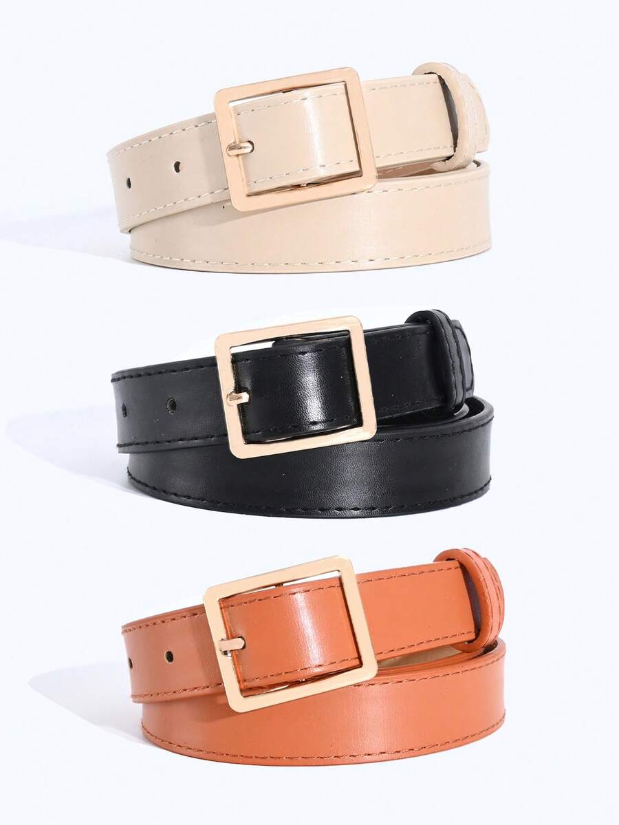 1 条/3 条纯色休闲 PU 皮带，配金色方形金属扣，适合派对、约会、日常穿着 - 彩色 - 查看 1