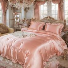 Satin Duvet Cover Set Ruffled Duvet Cover Set Silk Like Satin Bedding Set Solid Color Bedding Sets Silky Ruffled Duvet Cover Set Luxury Hotel Bedding Cover Set All Season Quilt Cover With Pillowcases - 粉色 - 查看 2