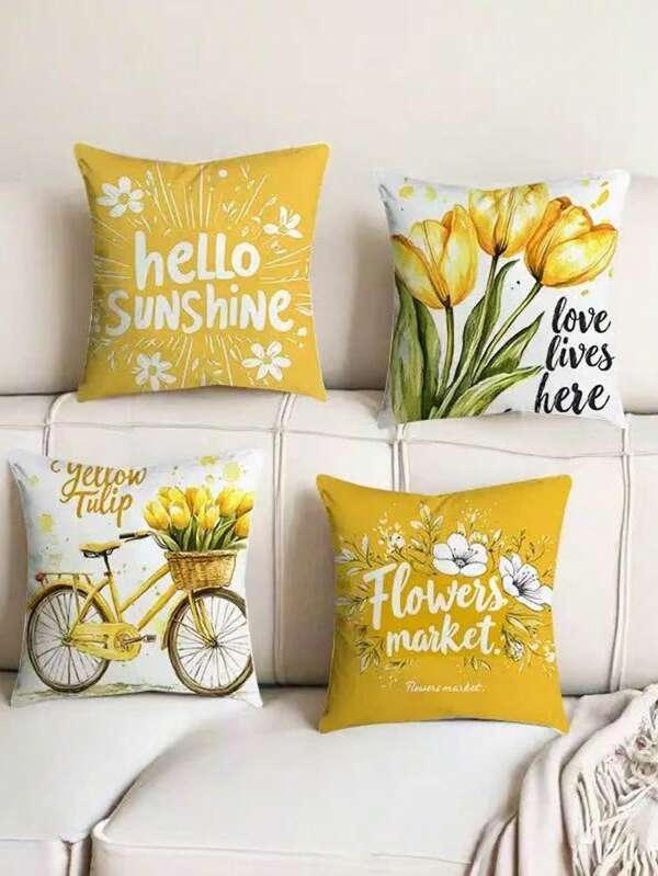 4 Stück moderne geometrische gelbe und weiße Text Zuhause süß Kornblume Blumen Fahrrad Buchstaben Muster dekorative Kissenbezüge, maschinenwaschbar mit Reißverschluss, geeignet für alle Raumtypen, 100% gewebter Polyester, moderner Stil