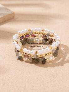 4 件时尚优雅彩色不对称水晶串珠珍珠手链套装。幸运石带来好运，适合日常佩戴或送礼