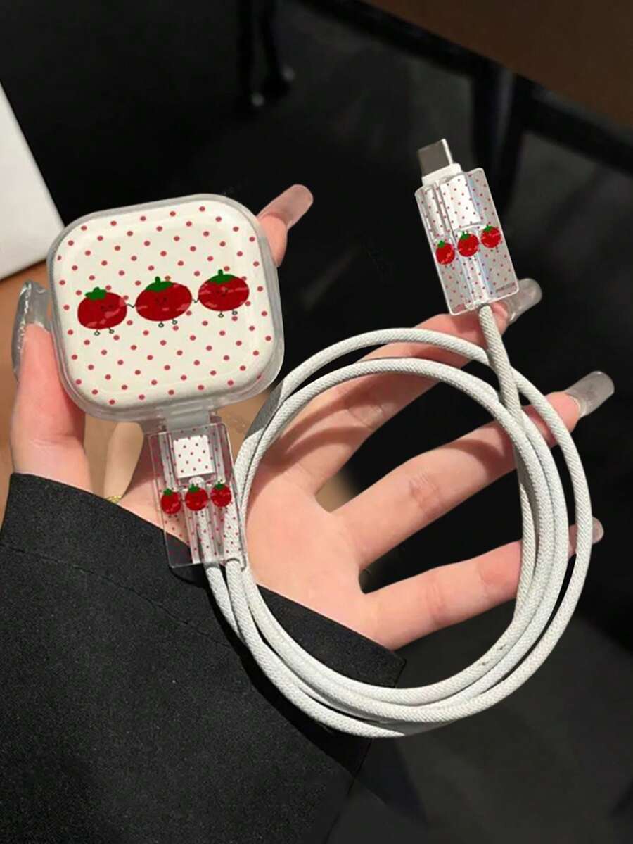 3 件波尔卡圆点和番茄 TPU 充电器保护壳，适用于 13/14/15/16 英国标准 18W/20W 充电器 Nan 数据线保护器 充电器配件 手机配件 - 彩色 - 查看 1