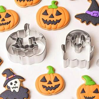 2pcs Stainless Steel Halloween Cookie Cutters - Pumpkin & Ghost Shapes, Suitable For Halloween Fondant Cookies, Biscuits, Party Cakes Decoration