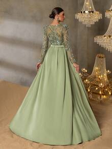 Faeriesty 优雅圆领长袖高开衩鱼尾裙晚礼服——适合庆典活动、红毯晚会、正式婚礼、歌剧之夜、慈善舞会的正式女士礼服 - 軍綠色 - 查看 2