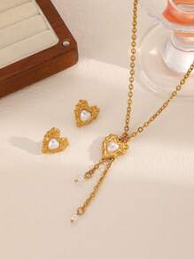 3 Stücke Vintage 18 Karat Vergoldet Edelstahl Herz & Perlen Schmuckset - Halskette & Ohrringe, elegantes Charm Geschenk für Frauen, modisch & einzigartig