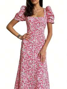 Womenacute;S Summer Midi Dress Casual Short Puff Sleeve Floral Print A-Line Dress Elegant Flowy Dress