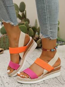 Women's Thick Sole Wedge Straw Braided Open Toe Double Strap Contrast Color Beach Sandals, Breathable Vacation Shoes, Summer