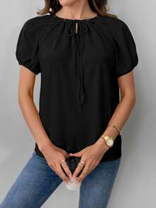 Blusa casuales de trabajo y vacaciones de color sólido para mujer Tejido liso, diseño ajustable con hombros descubiertos - Negro - Ver 1