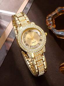 1pc Fashionable Luxury Full Crystal Rhinestone Round Dial Ladies Quartz Watch, Multi-Function Steel Strap, Suitable For Holidays, Parties, Weddings, Back To School, Christmas, Thanksgiving, Halloween, Easter And Other Occasions As Gift - Gold - View 4