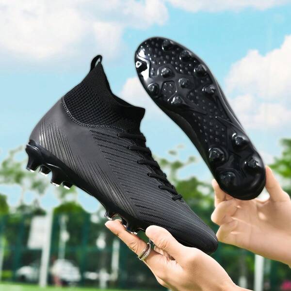 Football Shoes For Men & Women, Students & Adults, Suitable For Artificial Turf & Natural Grass, AG Long Studs Anti-Slip, Professional Leather Black High-Top Soccer Cleats, Youth Stock Supply Competition Shoes