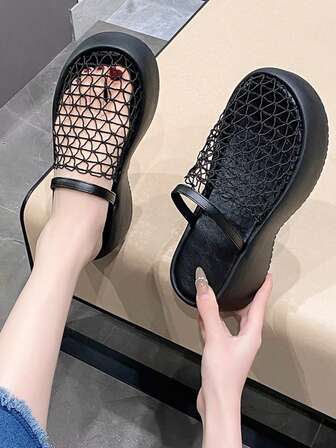 Women's Casual Slippers - Fashionable And Comfortable, Thick Sole Design, Comfortable Lace Fishnet Upper, Available In Black Or Beige, Perfect Women's Footwear For Spring And Summer