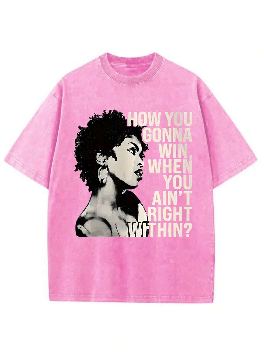 1 Piece, Washed With 230g Water, How Can We Win? Printed T-Shirts, High-Quality Batik Cotton Vintage Fashion Brand T-Shirts, With A Certain Thickness, Are Suitable For Summer T-Shirts And Holiday Gifts. - 玫紅色 - 查看 1