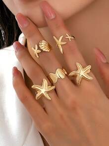 8 件夏季海洋风格海星戒指套装，女士时尚波西米亚种子串珠弹力戒指，贝壳戒指，波西米亚风戒指首饰适合度假、海滩派对、日常佩戴。 - A12738 - 查看 16