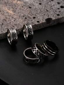 5 pièces Set d'anneaux pour hommes en acier inoxydable argent de style punk, motifs échiquier, rose, flamme, toile d'araignée, convient pour le port quotidien ou en cadeau