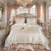 300 Thread Count Satin Duvet Cover Set Ruffled Duvet Cover Set Silk Like Satin Bedding Set Solid Color Bedding Sets Silky Ruffled Duvet Cover Set Luxury Hotel Bedding Cover Set All Season Quilt Cover With Pillowcases - White - View 5