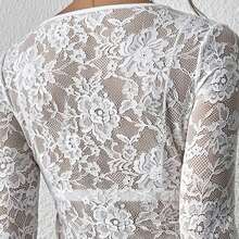 Women Sheer Lace Tops Slim Flower Scallop Trim V Neck Long Sleeve Undershirts  Streertwear - White - View 5