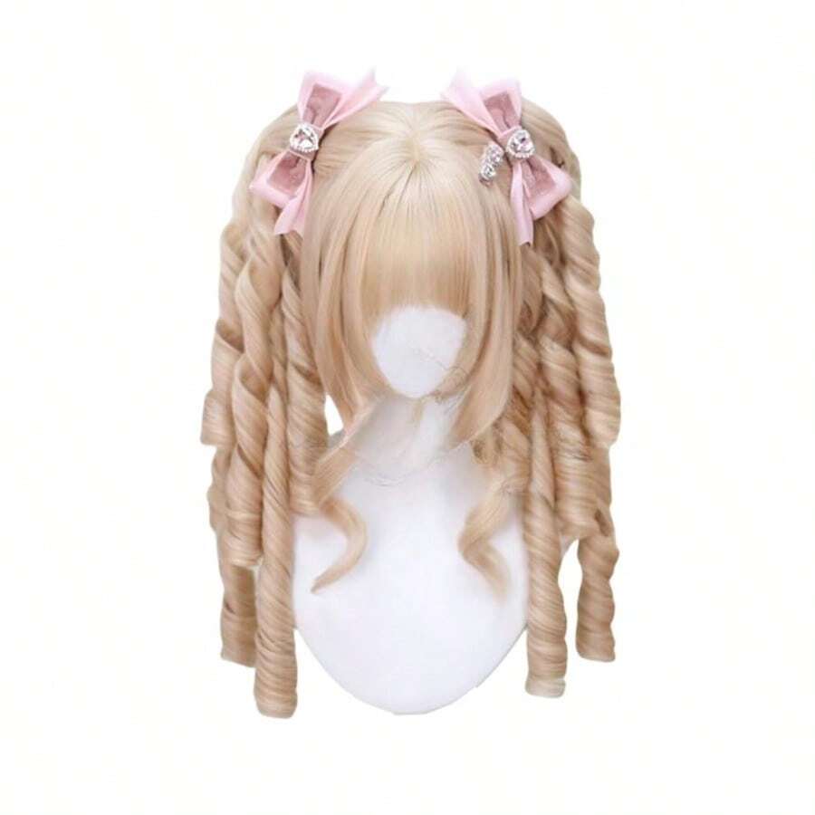 LANKawaii Lolita Roman Curl Wig With Double Pigtails Long Spiral Curly Synthetic Hair For Anime Cosplay Costume Champagne GS4023