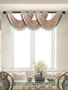 1 件轻质仿亚麻面料短窗帘，带流苏和镂空边框，现代简约风格，米色和黑色