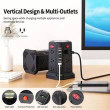 Surge Protector Power Strip Tower With 5 USB Ports And Night Light10FT Extension Cord With 12 AC Multiple Outlets PASSUS Power Tower Overload Protection For Home Office Dorm Room Essentials Black - Black - View 2