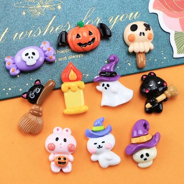 10/20/30pcs Mini Halloween Pumpkin Flat Resin Craft Decor - Assorted Designs (Bat, Ghost, Skull, Cat), Suitable For DIY Jewelry, Hair Clips, Scrapbooking & Crafting, Fun Shapes