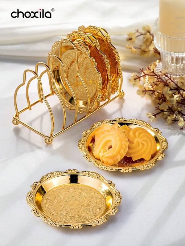 choxila 1pc/6pcs Metal Trays With Rack, Round Coasters With Stand, Decorative Plates With Holder, Cake Fruit Dessert Nut Mini Tray, Desktop Metal Cup Mats, For Bar, Home, Kitchen, Coffee Table Decoration (Gold)
