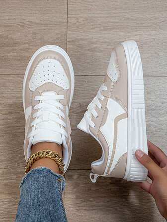 Women's Fashion Casual Slip-On Canvas Sneakers, Breathable Lace-Up Colorblock Athletic Flat Skate Shoes