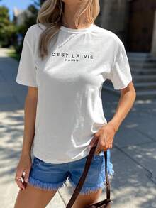 EMERY ROSE Women's Summer Letter Print Round Neck Short Sleeve Casual Versatile T-Shirt - White - View 2