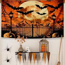 1pc Scary Halloween Hanging Banner, Bat Fly Over Graveyard Pattern Banner, Suitable For Halloween Party, Holiday Party, Home Decor, Perfect For Halloween Decoration