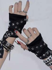 1pair Cool Rope Cross Rivet Gloves Hip Hop Korean Style Fingerless Gloves Punk Gothic Short Arm Warmer Outdoors,Halloween Clothing Accessories