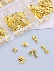 Decoración de uñas DIY de 6 rejillas con diseño de verano de conchas marinas, estrella, remache de metal, caracola y árbol de coco, dijes para uñas - Dorado - Ver 8