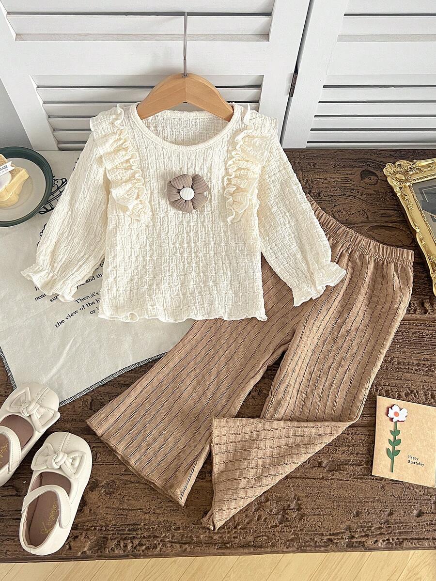 2pcs/Set Baby Girls Floral 3D T-Shirt Long Sleeve Top + Flare Pants Set, Cute & Elegant Style Outfit For Girls, Autumn/Winter