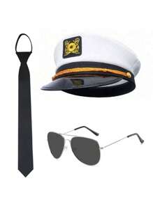 Conjunto de gorro de marinero ajustable blanco y negro, gorra de capitán a rayas, bufanda a rayas, gafas de sol de aviador negras, accesorios de disfraz naval, apropiado para fiestas, actuaciones, gorro de enfermera, boina, atuendo del Día de San Valentín
