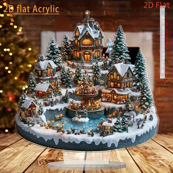 2D flache Druck Boho-Stil Acryl Weihnachtsdorf Tischdekoration, perfekt für Zuhause, Café, Büro und Schlafzimmer Urlaubsstimmung, Zufälliger Stil