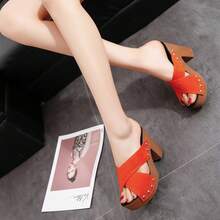 Sandals 2020 Summer New Women's Fashion Cross Strap One-Word Slippers Women's Chunky Heel Multicolor High Heel Slippers - Đỏ - Xem 5