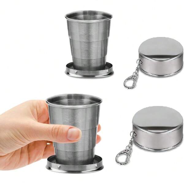2 Stücke einklappbare Edelstahl Becher, 75ml+150ml Becherset mit Deckel und Schlüsselanhänger, zusammenfaltbare Becher für Reisen, Camping, Wandern, Radfahren und den täglichen Gebrauch