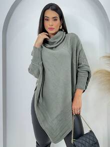 Women's Poncho Wool Coat Knit Cold Winter Blouse - Light Grey - View 1