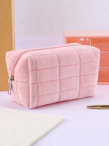 1PC Creative Plaid Zipper Pencil Case, Solid Color Plush Pencil Bag, Large Capacity Student Stationery Box,Back To School,School Supplies - Pink - View 6