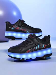 Fashionable Light Up Roller Shoes, 4-Wheel 2-In-1 Design, LED Glow Children/Teenager Casual Sports Skate Shoes - Black - View 6