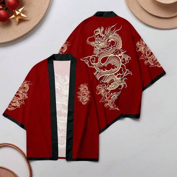 Kimono Shirt Men Japanese Haori Men's Lightweight Summer Kimono Cardigan Chinese Dragon 3D Print, 3/4 Sleeve Casual Polyester Shirt For Adults Unisex