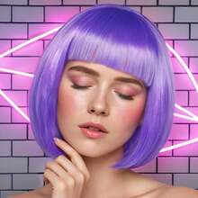 LANPurple Bob Wig+Hair Cap Short Purple Funny Wig With Bangs Lilac Bob Wigs Womens Purpling Cosplay Wigs With Bangs Cosplay Halloween Theme Party Costume OutfitGS4023 - 紫色 - 查看 5