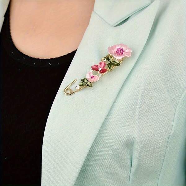 Bohemian Floral Rhinestone Safety Pins – Golden-Tone With Pink & Green Enamel Flowers, Sparkling Gemstone Accents, Elegant Fashion Accessory For Scarves, Shirts, Jackets, Anti-Slip Collar, All-Season Jewelry For Daily Wear And Parties, Scarf Decoration Luxury Pin Design Shimmering Rhinestones
