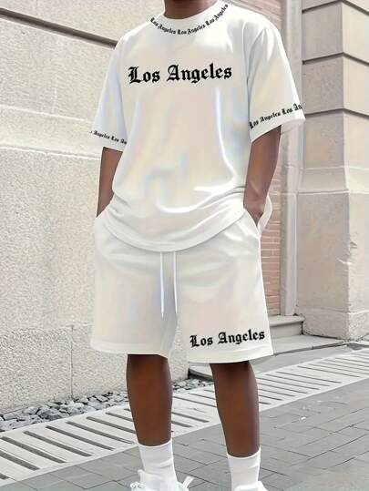 Men's Plus Size Los Angeles Letter 3D Digital Print Shorts Set, Casual Summer Sports Oversized Men's Short Sleeve And Shorts 2 Piece Set