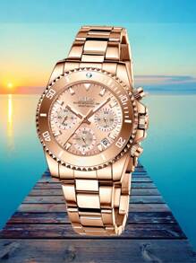BIDEN 1 Reloj de mujer, Cronógrafo, Resistente al agua, Calendario, Correa de acero inoxidable, Reloj de mujer elegante y de estilo con herramienta de corte de tira de acero gratis y caja gratis