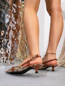 Giày cao gót nữ cổ điển họa tiết hoa, mũi nhọn, đính dây xích, kiểu dáng slip-on, thanh lịch, thích hợp đi chơi, đi làm, dự tiệc, màu nâu, phù hợp cho mùa xuân và mùa thu. - màu nâu - Xem 6