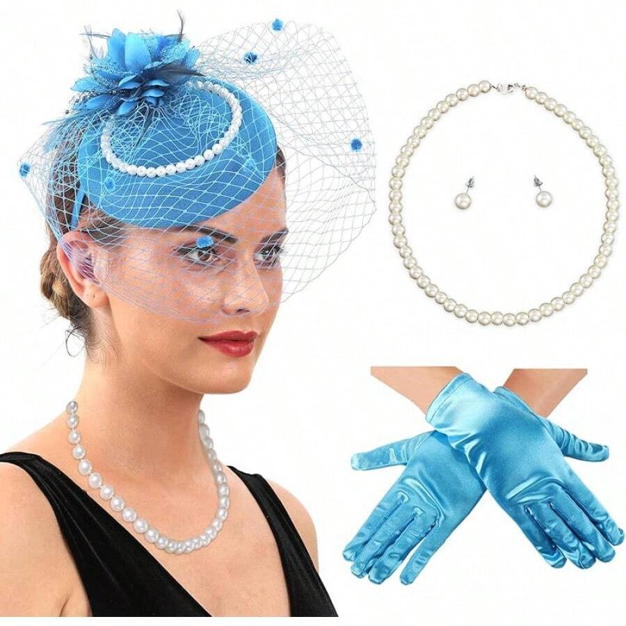 Ibeauti Fascinator Hats With Screentouch Lace Gloves Set Women Tea Party Cocktail Wedding Derby Headwear Short Gloves - 01 藍色 - 查看 1