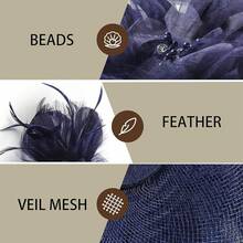 Fascinators Hats Women,Tea Party Fascinator Hair Clip With Feathers Wedding,Derby Hats Headbands - 款式1-深藍色 - 查看 5
