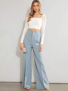 Pantalón vestir mujer dama flare pierna ancha diseño elegante corte alto favorece silueta ajuste cómodo tela suave versátil combina blusas camisas tops ideal oficina reuniones eventos formales casuales estilo moderno minimalista temporada primavera verano otoño invierno prenda básica guardarropa femenino realza looks añade sofisticación outfit disponible múltiples tallas colores clásicos opción imprescindible - Azul raf - Ver 3