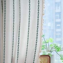 Boho Curtains 84 Inches Long Bedroom, Taupe Cotton Linen White Stripes Embroidery, Chic Hollow Geometric, Semi Blackout Window Vintage Drape With Tassels, 1 Panel W52 X L84, Fashionable Home Decor - 翠綠色條紋 - 查看 9
