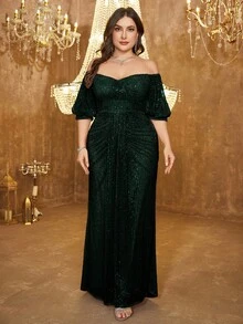 UNITHORSE 大码女式露肩露背亮片紧身派对礼服，优雅晚礼服，婚纱，生日礼服，毕业礼服，正式礼服，秋季服装 - 墨綠色 - 查看 1