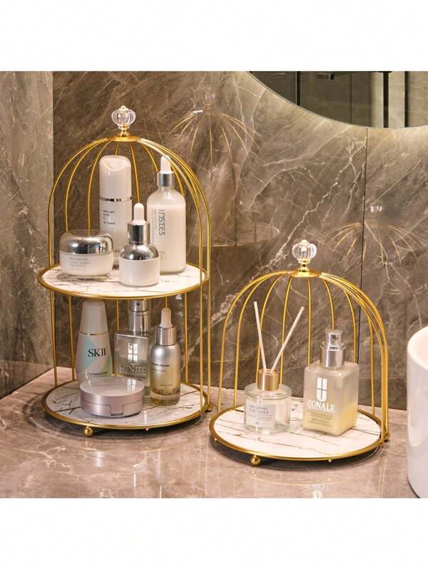 1pc Iron Bathroom Rack, Cosmetic Display Stand, Toiletries Storage Box, Freestanding Desktop Birdcage Storage Rack, Bathroom Storage Rack, Suitable For Home And Hotel