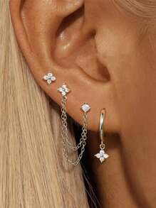 Set de 3/5 piezas de Pendientes con Flores de Trébol de Circonita Cúbica Elegantes, Regalo de Joyería Hipoalergénica para Mujeres, Adecuado para Uso Diario y Festivales